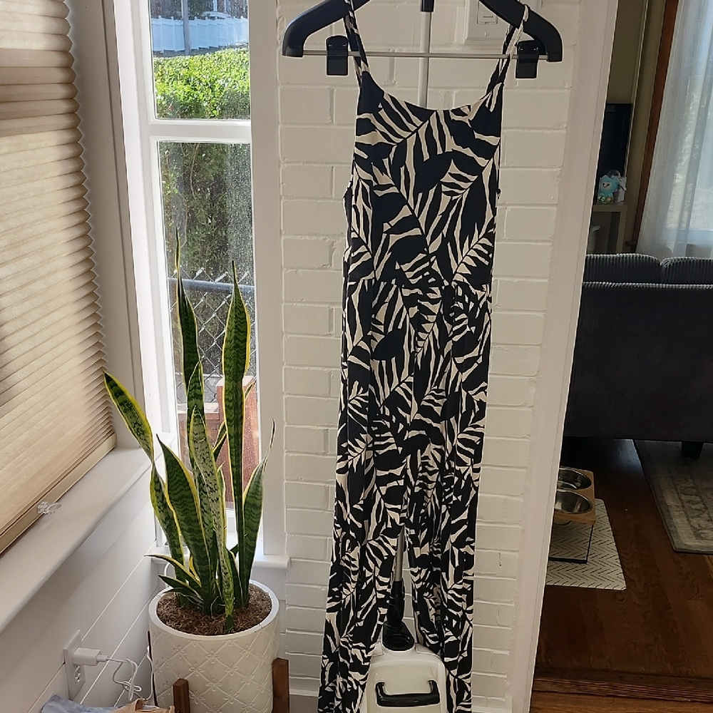 Black and White Leaf Print Jumpsuit, Medium